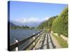 Man Bikes Along Path at Lake's Edge, Lake Como, Italian Lakes, Lombardy, Italy, Europe-Vincenzo Lombardo-Stretched Canvas