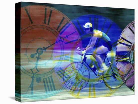 Man Cycling with Clocks Superimposed-null-Stretched Canvas