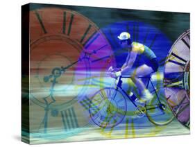 Man Cycling with Clocks Superimposed-null-Stretched Canvas