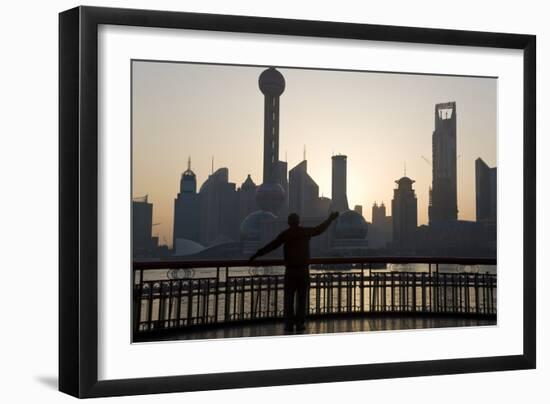 Man Doing Morning Exercises and City Skyline, Shanghai, China-Peter Adams-Framed Photographic Print