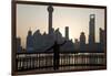 Man Doing Morning Exercises and City Skyline, Shanghai, China-Peter Adams-Framed Photographic Print