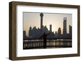 Man Doing Morning Exercises and City Skyline, Shanghai, China-Peter Adams-Framed Photographic Print