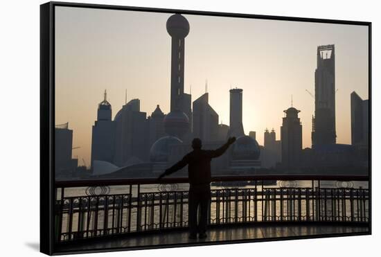 Man Doing Morning Exercises and City Skyline, Shanghai, China-Peter Adams-Framed Stretched Canvas