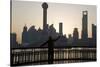 Man Doing Morning Exercises and City Skyline, Shanghai, China-Peter Adams-Stretched Canvas