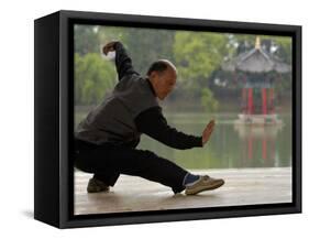 Man Doing Tai Chi Exercises at Black Dragon Pool with One-Cent Pavilion, Lijiang, China-Pete Oxford-Framed Stretched Canvas