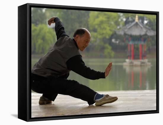Man Doing Tai Chi Exercises at Black Dragon Pool with One-Cent Pavilion, Lijiang, China-Pete Oxford-Framed Stretched Canvas
