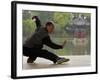 Man Doing Tai Chi Exercises at Black Dragon Pool with One-Cent Pavilion, Lijiang, China-Pete Oxford-Framed Photographic Print