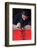 Man doing traditional Chinese writing (calligraphy) in ink using a brush, The Temple of Literature-Godong-Framed Photographic Print