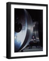 Man Dwarfed by Gigantic Gears He is Working on for the Navy, at General Electric Plant in US-Dmitri Kessel-Framed Premium Photographic Print