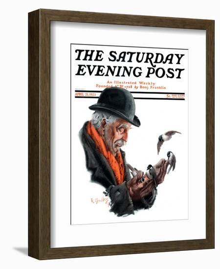 "Man Feeding Birds," Saturday Evening Post Cover, April 21, 1923-R. Bolles-Framed Giclee Print