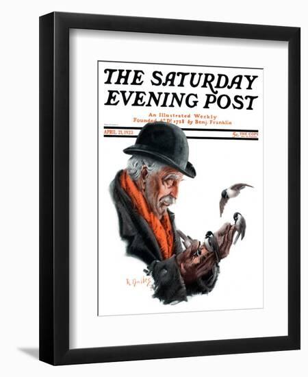 "Man Feeding Birds," Saturday Evening Post Cover, April 21, 1923-R. Bolles-Framed Giclee Print