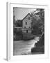 Man Fishing Beside a Waterfall and a 100 Year Old Mill-Bob Landry-Framed Photographic Print