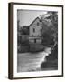 Man Fishing Beside a Waterfall and a 100 Year Old Mill-Bob Landry-Framed Photographic Print