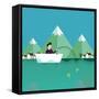 Man Fishing in Boat with Mountain Scenery Behind-Bakhtiar Zein-Framed Stretched Canvas