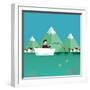 Man Fishing in Boat with Mountain Scenery Behind-Bakhtiar Zein-Framed Art Print