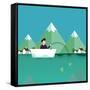 Man Fishing in Boat with Mountain Scenery Behind-Bakhtiar Zein-Framed Stretched Canvas