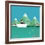 Man Fishing in Boat with Mountain Scenery Behind-Bakhtiar Zein-Framed Art Print