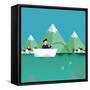 Man Fishing in Boat with Mountain Scenery Behind-Bakhtiar Zein-Framed Stretched Canvas