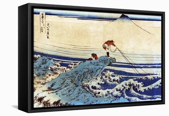 Man Fishing with Mount Fuji in the Background, Japanese Wood-Cut Print-Lantern Press-Framed Stretched Canvas