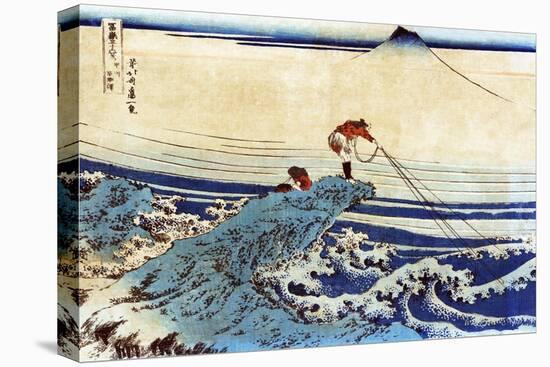 Man Fishing with Mount Fuji in the Background, Japanese Wood-Cut Print-Lantern Press-Stretched Canvas