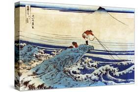 Man Fishing with Mount Fuji in the Background, Japanese Wood-Cut Print-Lantern Press-Stretched Canvas