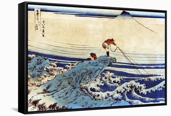 Man Fishing with Mount Fuji in the Background, Japanese Wood-Cut Print-Lantern Press-Framed Stretched Canvas