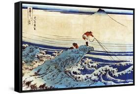 Man Fishing with Mount Fuji in the Background, Japanese Wood-Cut Print-Lantern Press-Framed Stretched Canvas