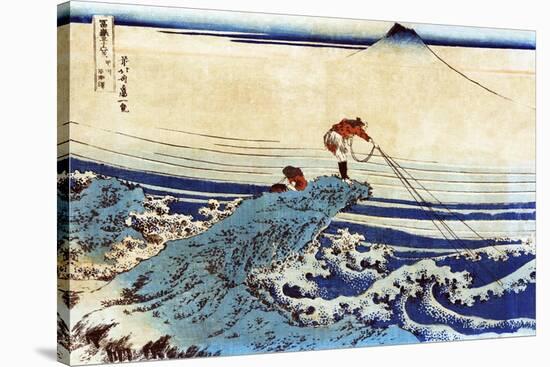 Man Fishing with Mount Fuji in the Background, Japanese Wood-Cut Print-Lantern Press-Stretched Canvas