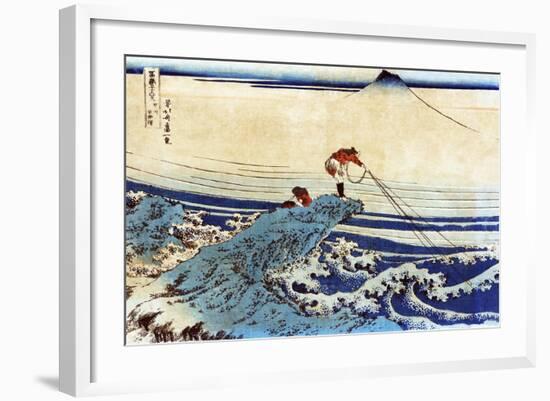 Man Fishing with Mount Fuji in the Background, Japanese Wood-Cut Print-Lantern Press-Framed Art Print