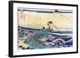 Man Fishing with Mount Fuji in the Background, Japanese Wood-Cut Print-Lantern Press-Framed Art Print