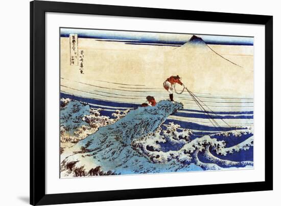 Man Fishing with Mount Fuji in the Background, Japanese Wood-Cut Print-Lantern Press-Framed Premium Giclee Print