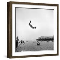 Man Flying Off a Trampoline at Santa Monica Beach-Loomis Dean-Framed Premium Photographic Print