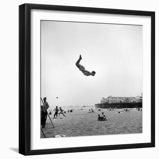 Man Flying Off a Trampoline at Santa Monica Beach-Loomis Dean-Framed Premium Photographic Print