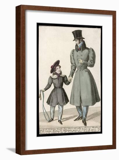 Man: Grey D-B Overcoat Full Skirts Gigot Sleeves Hip Pockets and Beaver Fur Collar-null-Framed Art Print