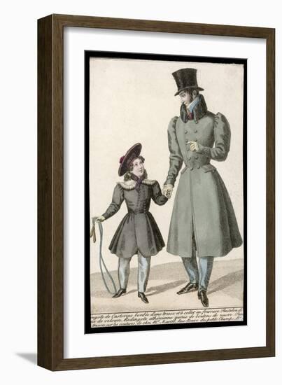 Man: Grey D-B Overcoat Full Skirts Gigot Sleeves Hip Pockets and Beaver Fur Collar-null-Framed Art Print