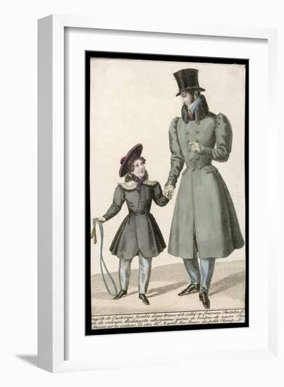 Man: Grey D-B Overcoat Full Skirts Gigot Sleeves Hip Pockets and Beaver Fur Collar-null-Framed Art Print