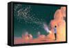 man holding a cage with floating star dust-Tithi Luadthong-Framed Stretched Canvas