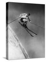 Man in a Vest in Mid-Air as He Skis Down a Steep Mountain-null-Stretched Canvas