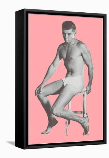 Man in Jockey Shorts on Stool with Pink Background-null-Framed Stretched Canvas