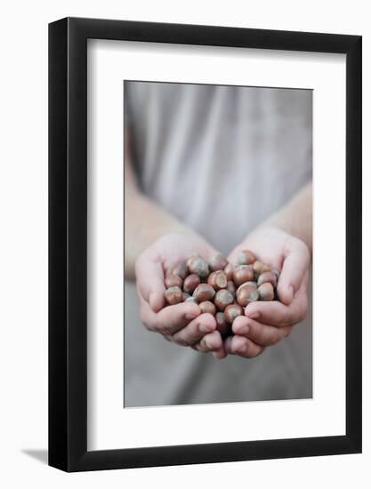 Man in Khaki T-Shirt Holds Hazelnuts in His Palms-Joe Petersburger-Framed Photographic Print