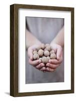 Man in Khaki T-Shirt Holds Walnuts in His Palms-Joe Petersburger-Framed Photographic Print