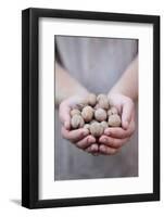 Man in Khaki T-Shirt Holds Walnuts in His Palms-Joe Petersburger-Framed Photographic Print