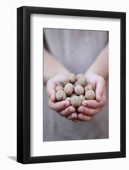 Man in Khaki T-Shirt Holds Walnuts in His Palms-Joe Petersburger-Framed Photographic Print