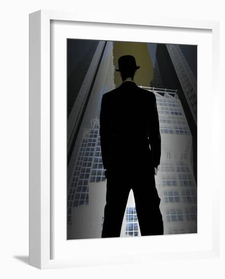 Man in Suit and Bowler Hat Standing in Front of Skyscraper-null-Framed Photographic Print