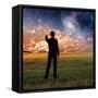 Man in Suit Touches Sky Creating Ripples-rolffimages-Framed Stretched Canvas