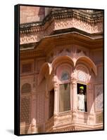 Man in Window of Fort Palace, Jodhpur at Fort Mehrangarh, Rajasthan, India-Bill Bachmann-Framed Stretched Canvas