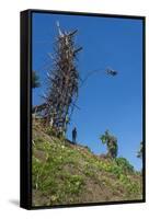 Man jumping from a bamboo tower, Pentecost land diving, Pentecost, Vanuatu, Pacific-Michael Runkel-Framed Stretched Canvas