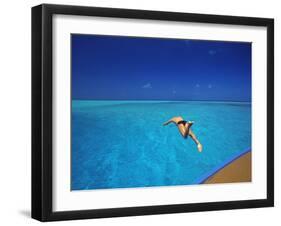 Man Jumping into Tropical Sea from Deck, Maldives, Indian Ocean-Papadopoulos Sakis-Framed Photographic Print