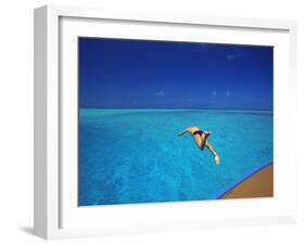 Man Jumping into Tropical Sea from Deck, Maldives, Indian Ocean-Papadopoulos Sakis-Framed Photographic Print
