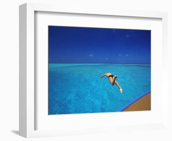 Man Jumping into Tropical Sea from Deck, Maldives, Indian Ocean-Papadopoulos Sakis-Framed Photographic Print